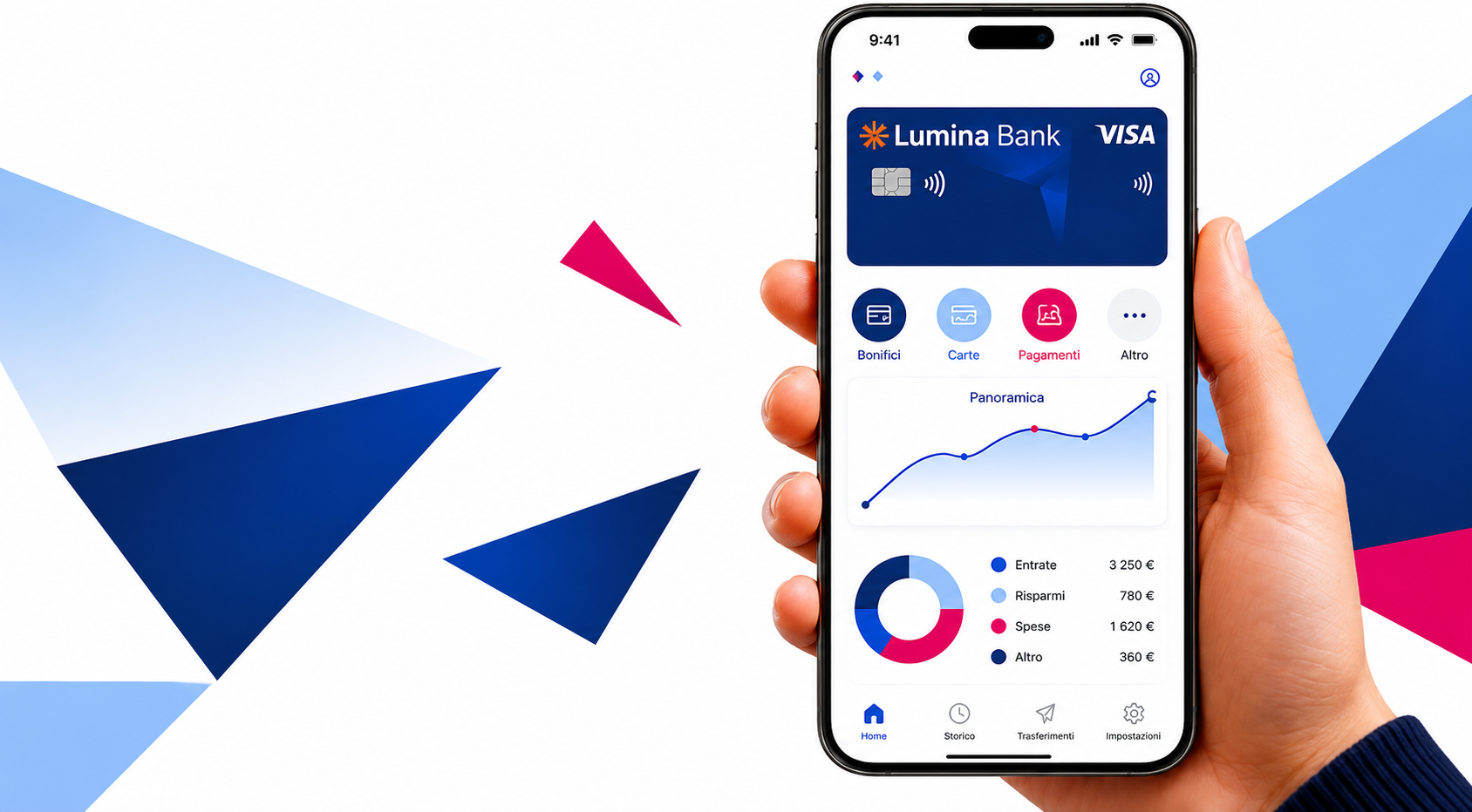 Application LUMINA BANK : carte bancaire, virements, aperçu du solde et répartition des dépenses